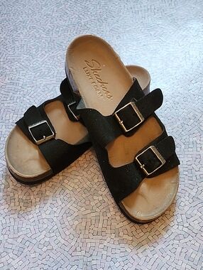 Skechers Kids Black Dual-Buckle Slide Sandals with Tan Footbed